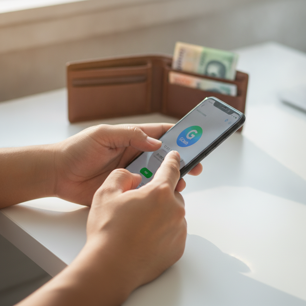 Filipino player using smartphone to manage GCash casino withdrawal on mobile device